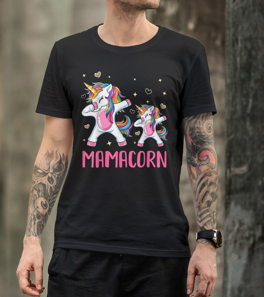 Colorful Dabbing Unicorns Mamacorn With Rainbow Hair And Hearts T-Shirt