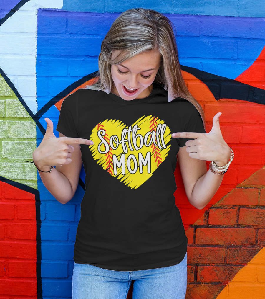 Softball Mom Heart Yellow Red Stitching Baller Mama T-Shirt