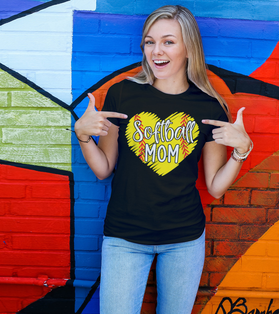 Softball Mom Heart Yellow Red Stitching Baller Mama T-Shirt