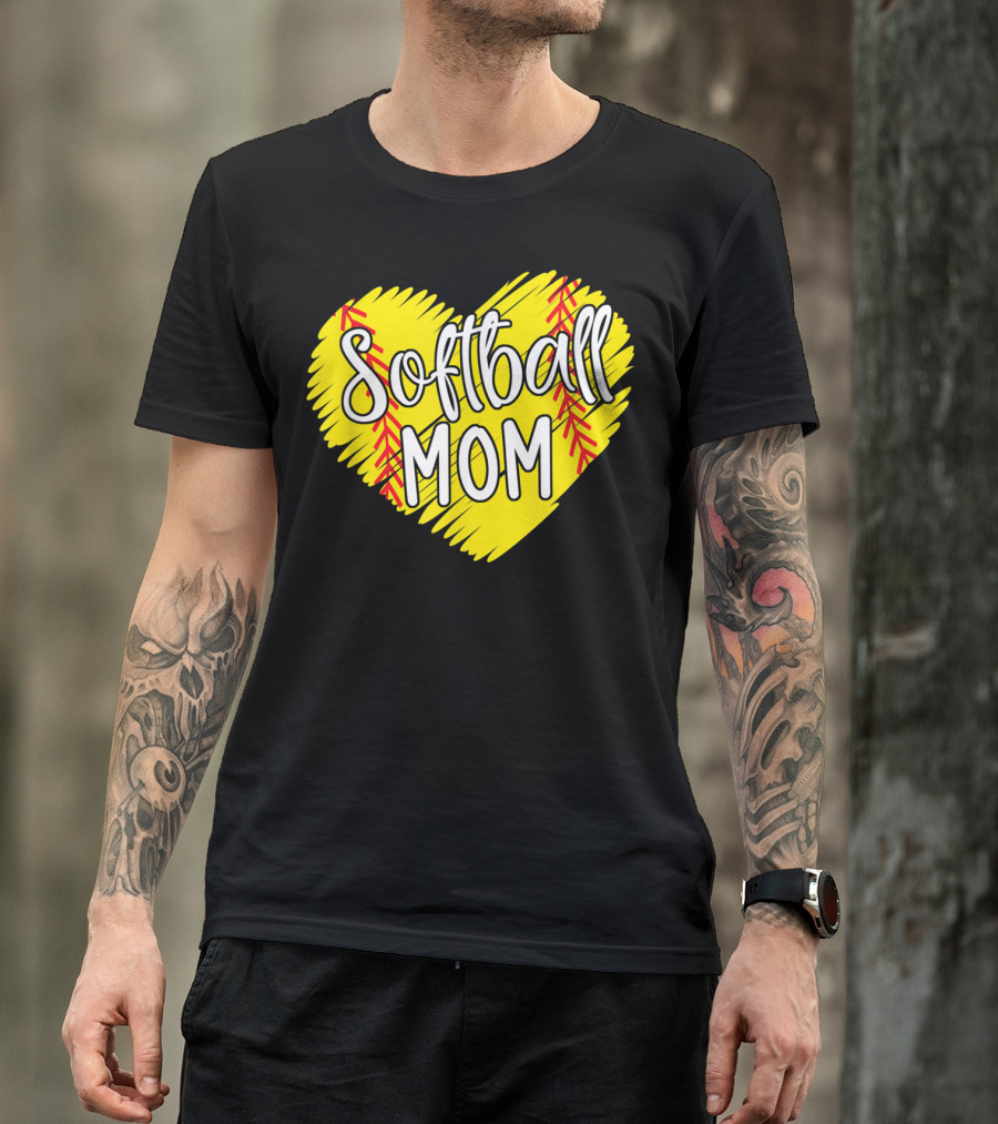 Softball Mom Heart Yellow Red Stitching Baller Mama T-Shirt