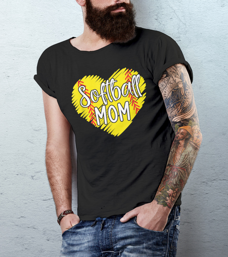 Softball Mom Heart Yellow Red Stitching Baller Mama T-Shirt