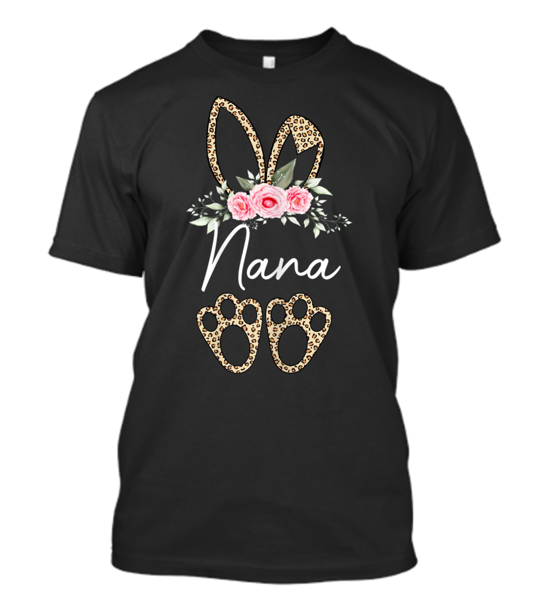 Nana Easter Leopard Print Bunny Ears And Floral T-Shirt