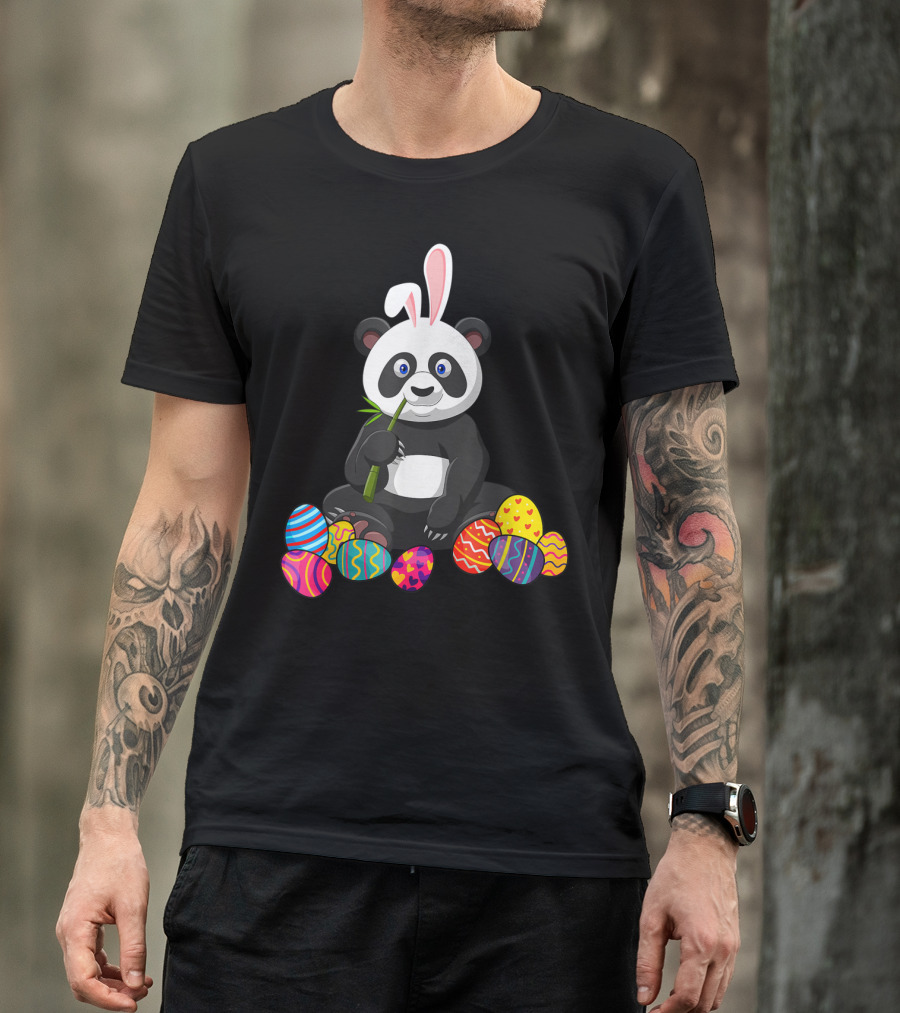 Panda Bunny Ear Eating Bamboo With Colorful Easter Eggs T-Shirt
