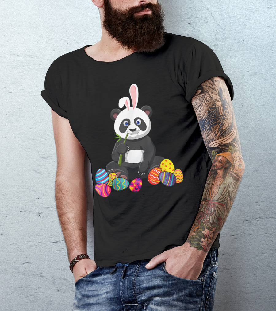 Panda Bunny Ear Eating Bamboo With Colorful Easter Eggs T-Shirt