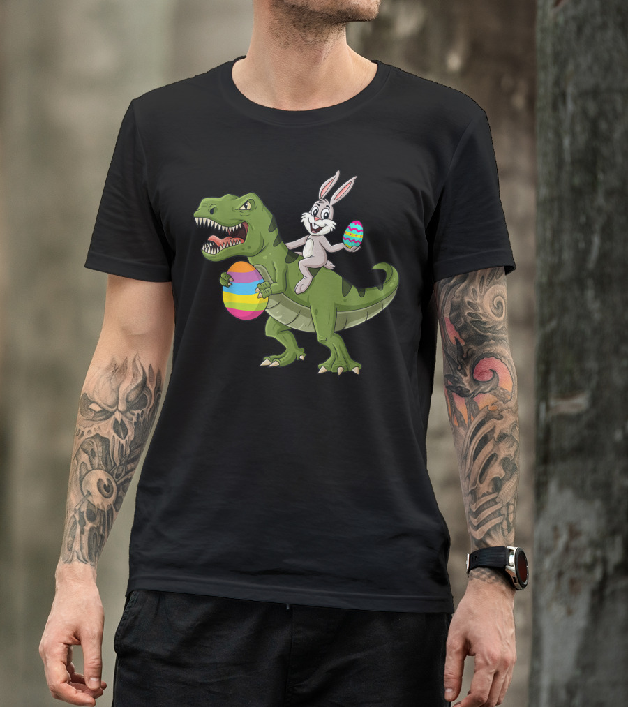 Rabbit On Dinosaur Holding Colorful Easter Eggs T-Shirt