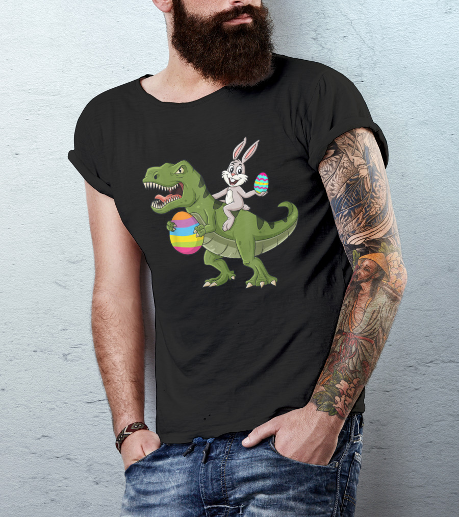 Rabbit On Dinosaur Holding Colorful Easter Eggs T-Shirt