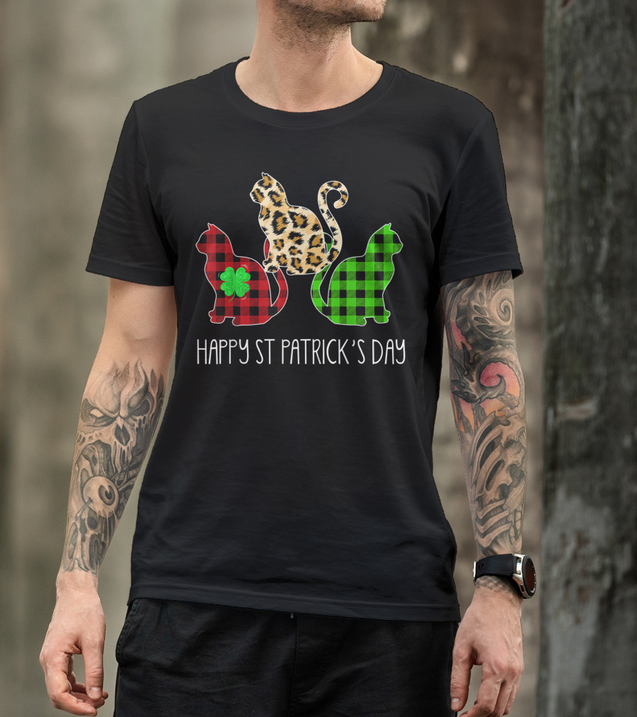 Happy St Patrick’s Day Leopard Buffalo Plaid Cat Trio T-Shirt