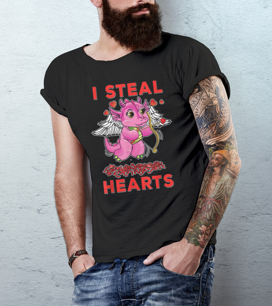 I Steal Hearts Valentine's Day Cute Cupid Dragon Girl With Bow And Roses T-Shirt