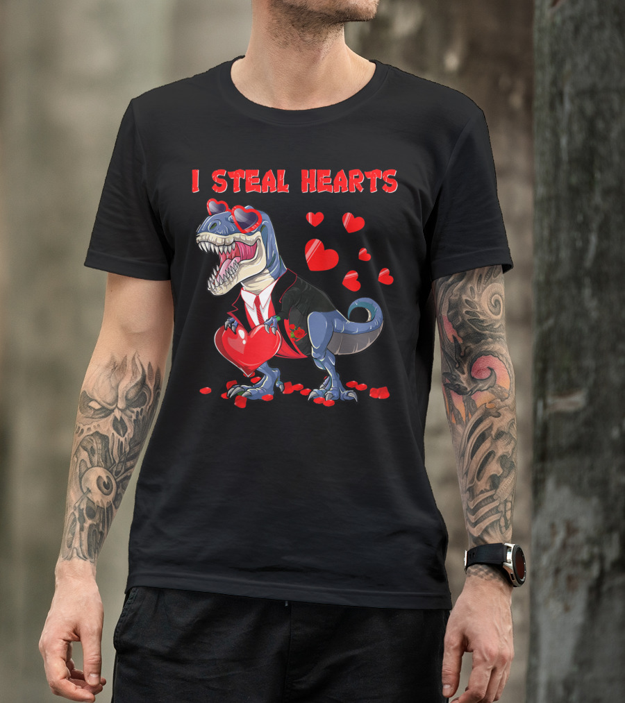 I Steal Hearts Valentines Day Dinosaur In Tuxedo With Hearts T-Shirt
