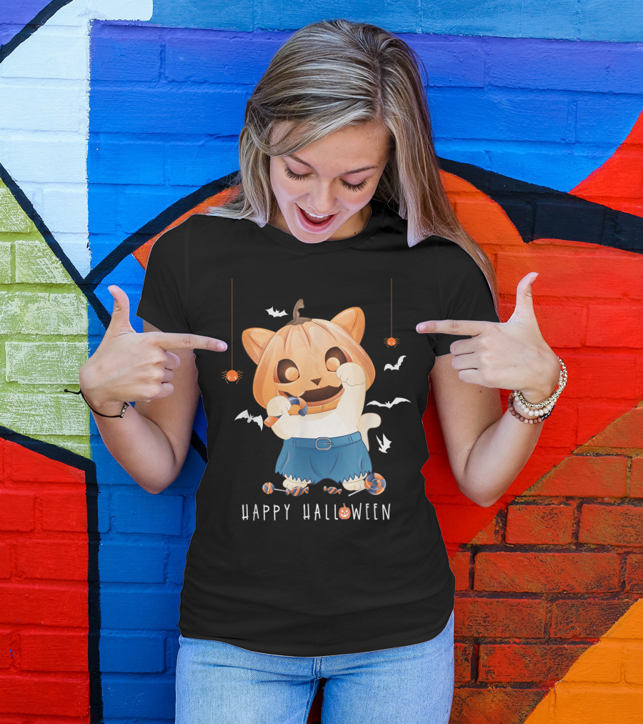Happy Halloween Pumpkin Cat With Candy And Bats T-Shirt