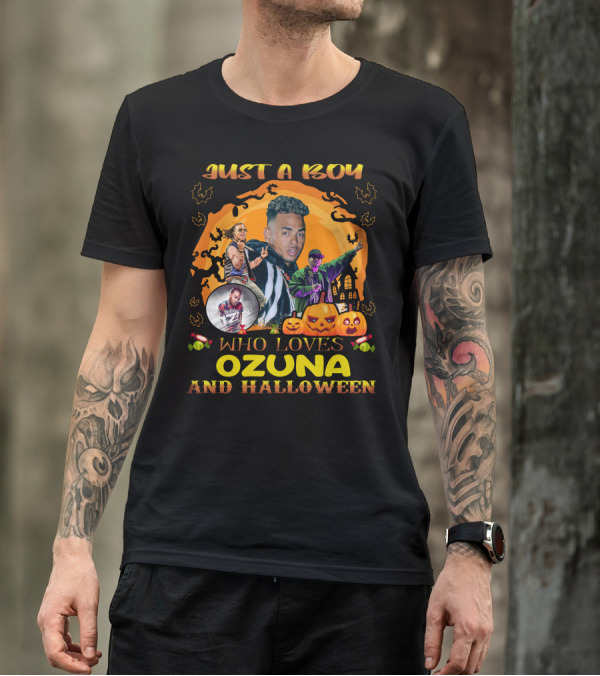 Just A Boy Who Loves Ozuna And Halloween Pumpkins Bats And Haunted House T-Shirt