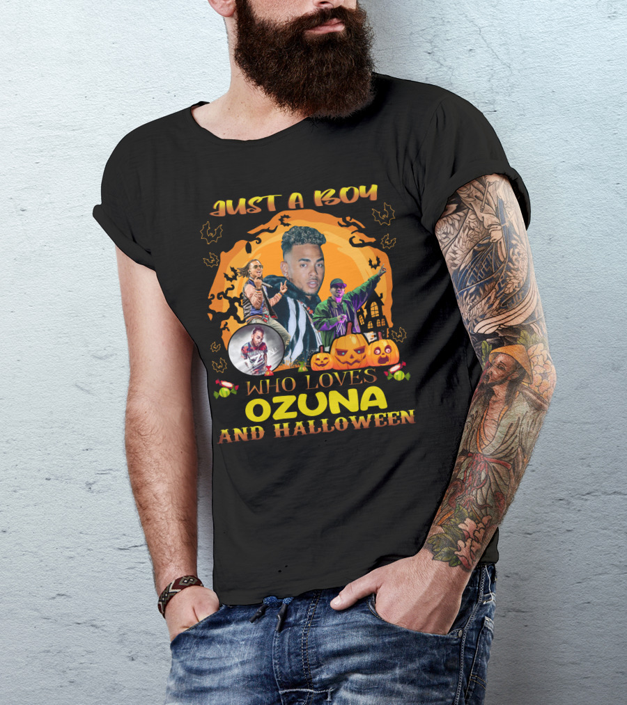 Just A Boy Who Loves Ozuna And Halloween Pumpkins Bats And Haunted House T-Shirt
