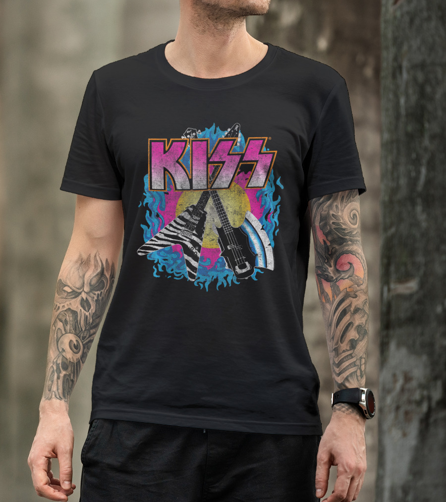 KISS Young Wasted Zebra Stripe Flying V And Bass With Flaming Background T-Shirt