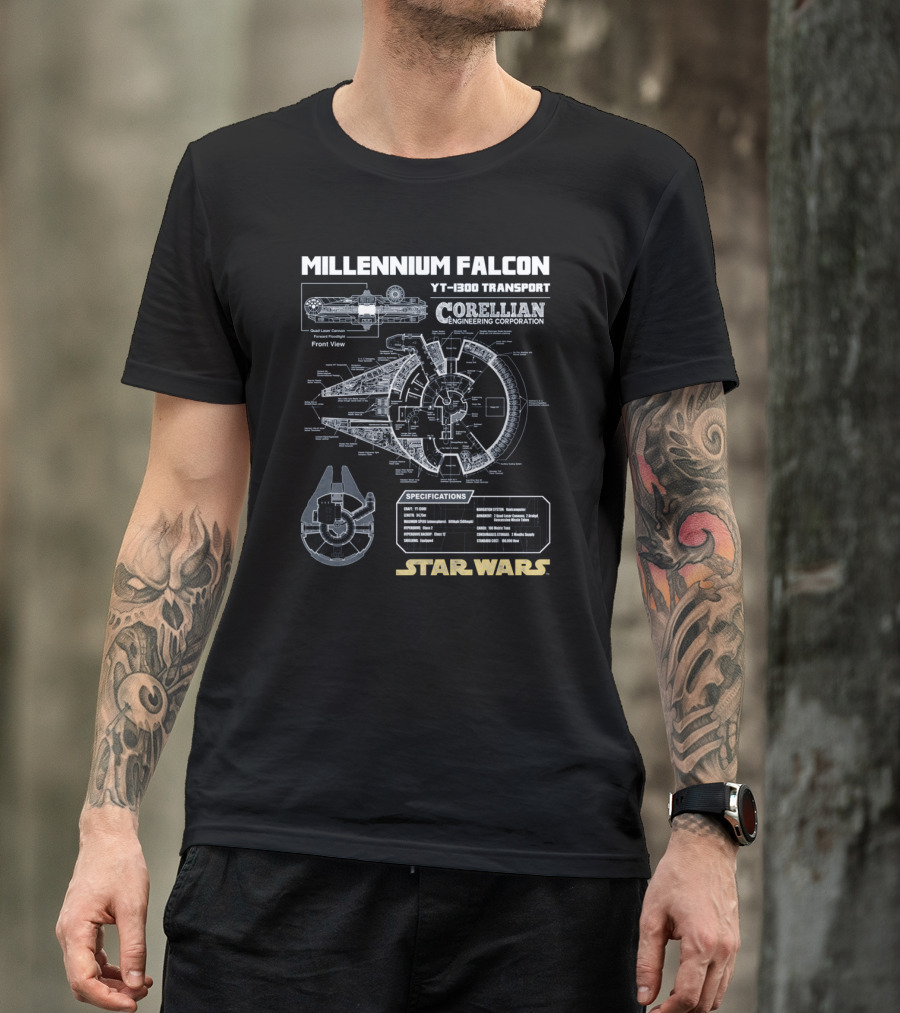 Millennium Falcon Yt-1300 Transport Corellian Engineering Corporation Specifications Star Wars T-Shirt