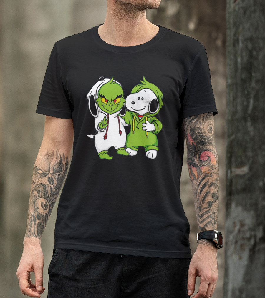 Grinch And Snoopy Christmas Crossover Characters In Festive Hoodies T-Shirt