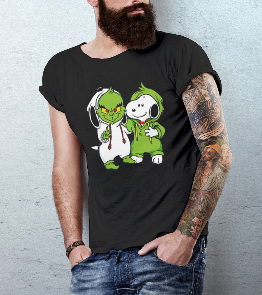 Grinch And Snoopy Christmas Crossover Characters In Festive Hoodies T-Shirt