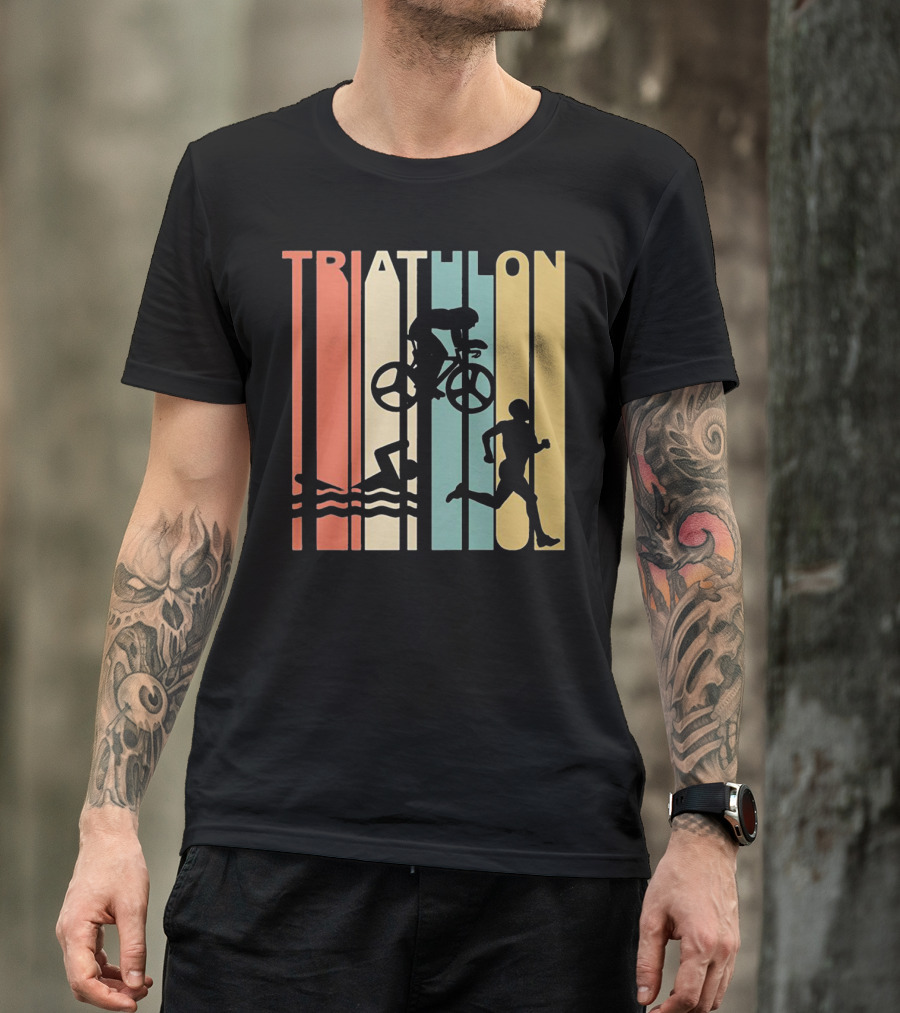 Vintage Triathlon Swimming Cycling Running Silhouettes Retro Stripes T-Shirt