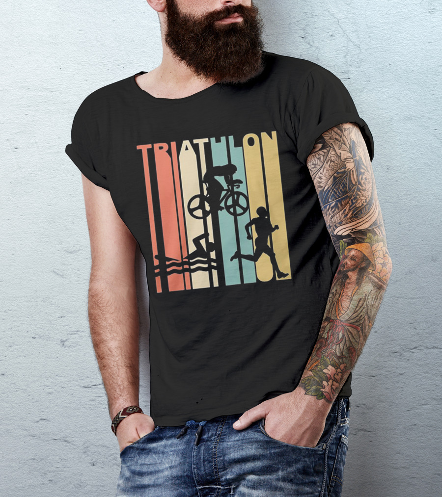 Vintage Triathlon Swimming Cycling Running Silhouettes Retro Stripes T-Shirt