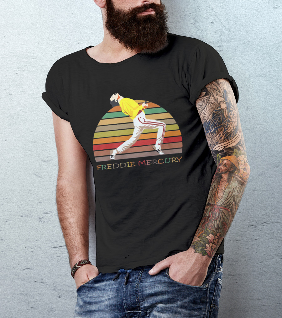 Freddie Mercury Vintage Style Retro Rainbow Stripes T-Shirt