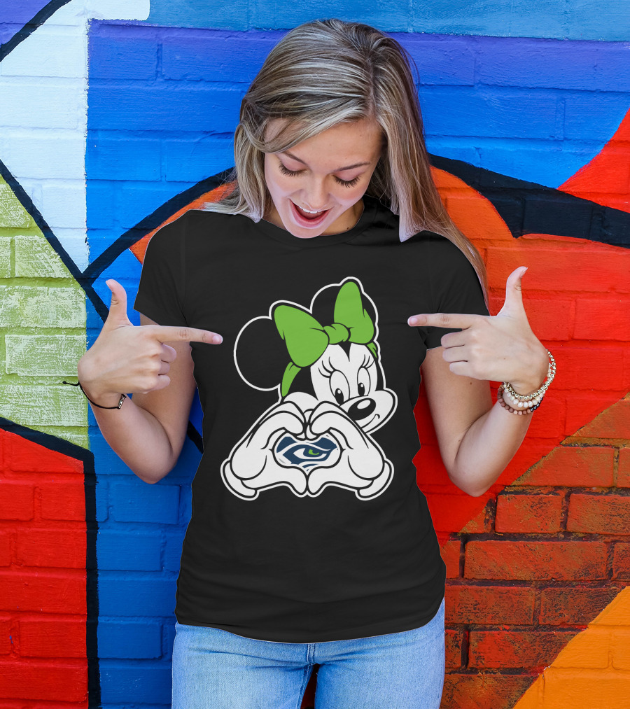 Seattle Seahawks Minnie Mouse Heart Hands Green Bow T-Shirt