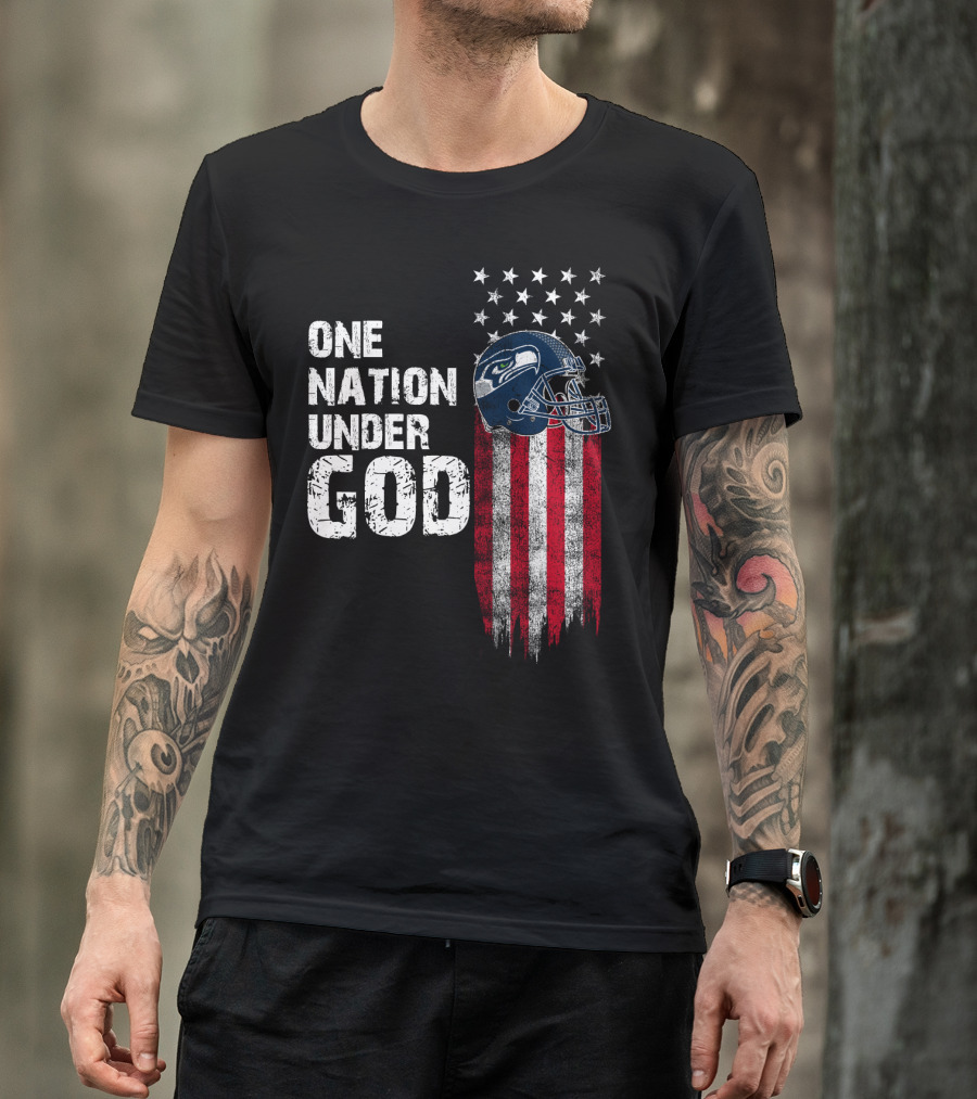 One Nation Under God Seattle Seahawks American Flag Football Helmet T-Shirt