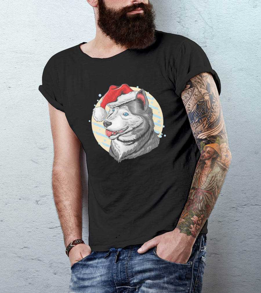 Christmas Santa Claus Husky Dog With Red Hat T-Shirt
