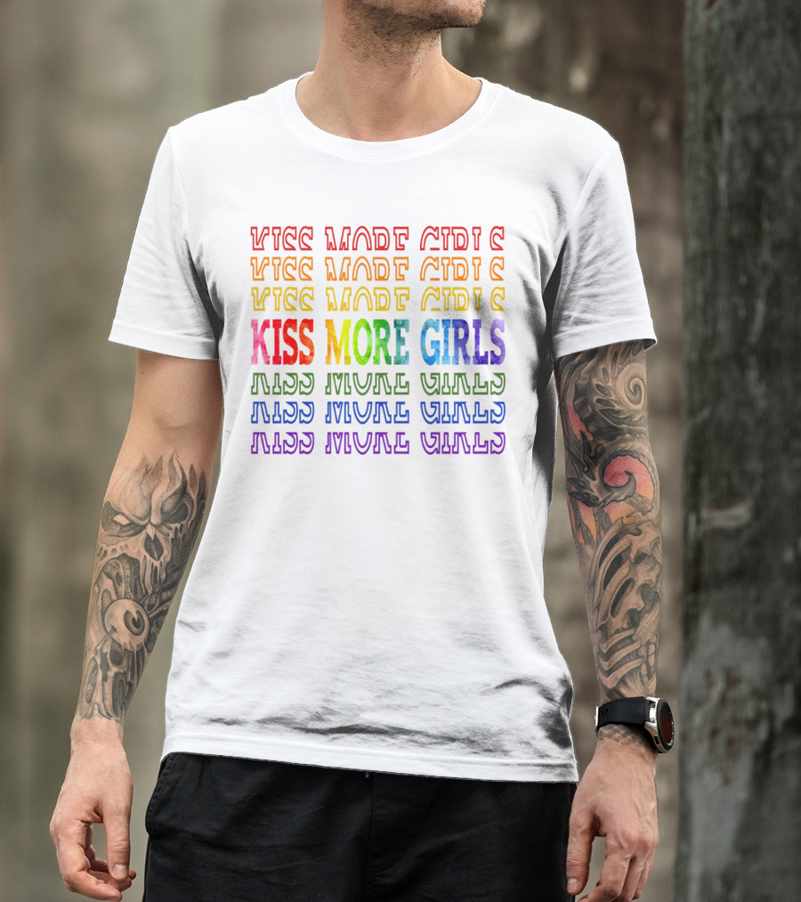 Kiss More Girls Rainbow Pride Repeated Text T-Shirt