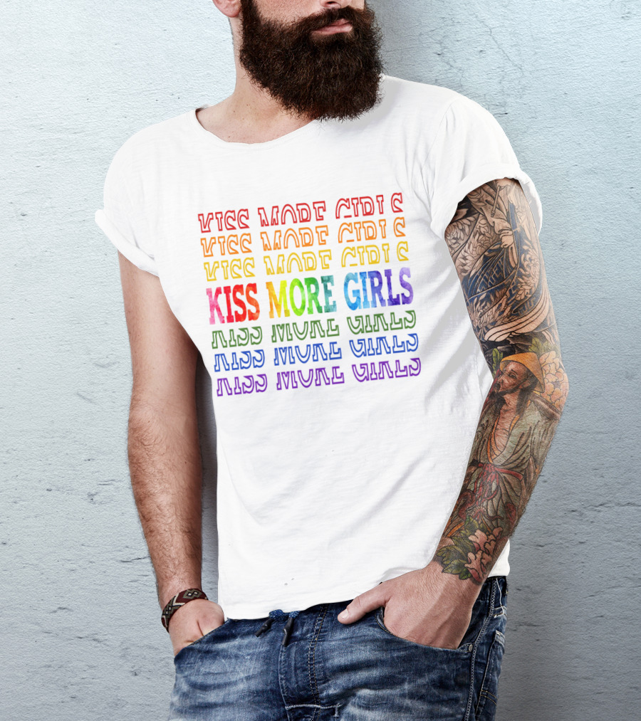Kiss More Girls Rainbow Pride Repeated Text T-Shirt