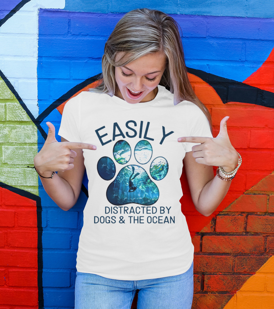 Easily Distracted By Dogs And The Ocean With Aquarium Pawprint T-Shirt