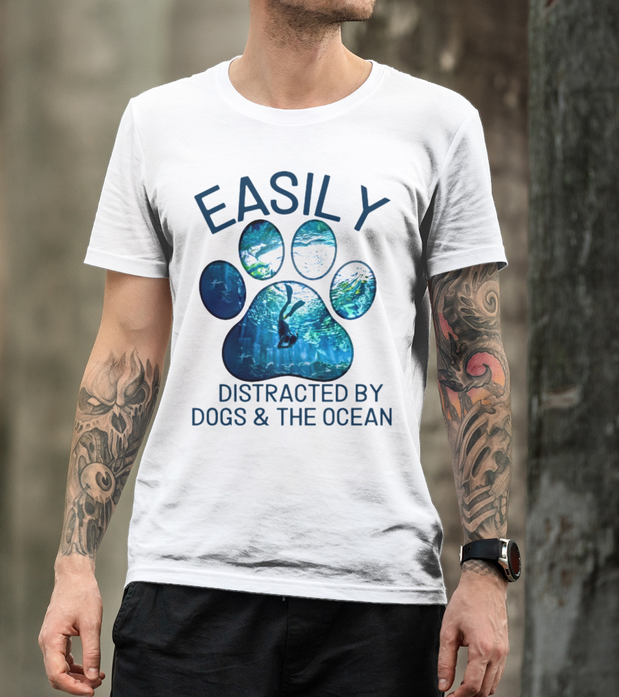 Easily Distracted By Dogs And The Ocean With Aquarium Pawprint T-Shirt