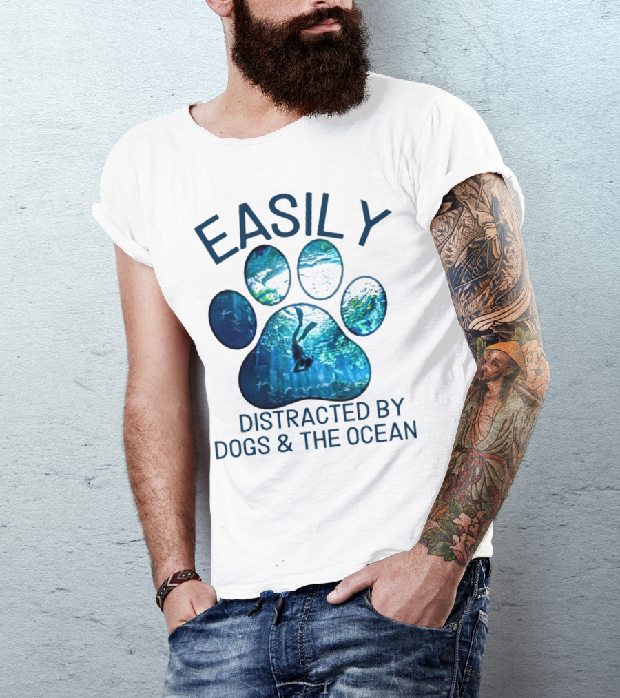 Easily Distracted By Dogs And The Ocean With Aquarium Pawprint T-Shirt