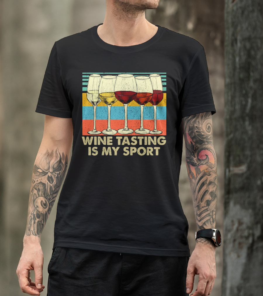 Wine Tasting Is My Sport Retro Wine Glasses On Colorful Stripes T-Shirt