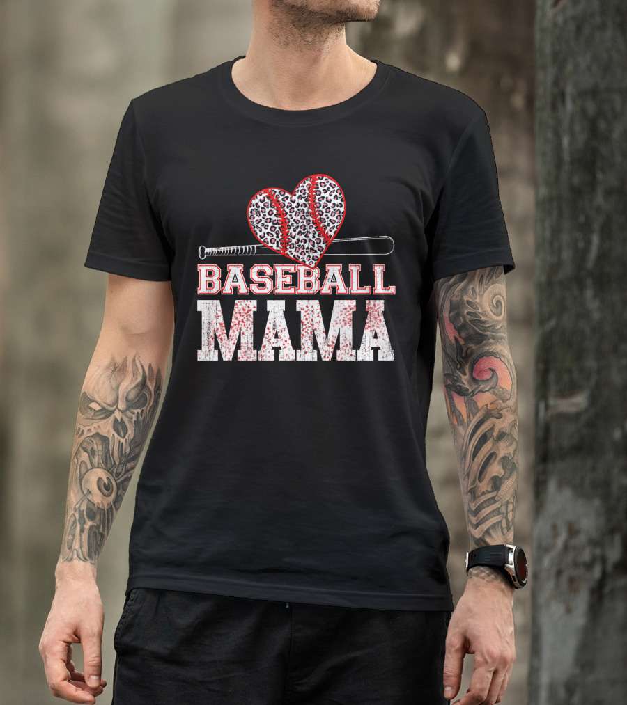 Baseball Mama Leopard Heart Bat T-Shirt
