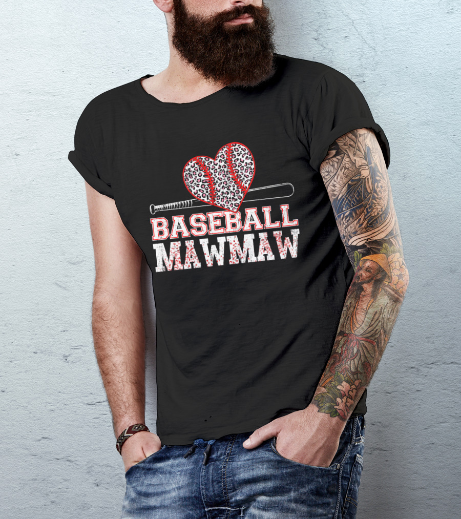Baseball Mawmaw Leopard Print Heart With Bat T-Shirt