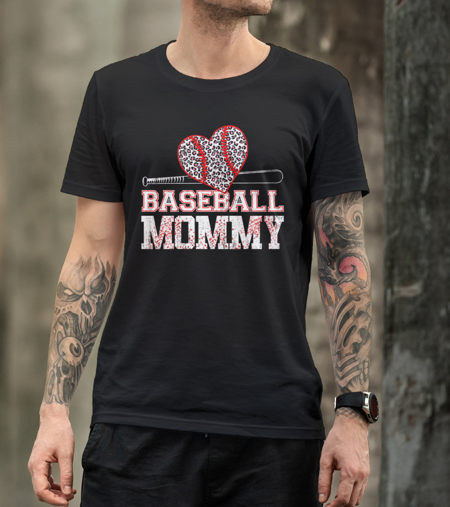 Baseball Mommy Leopard Heart With Bat T-Shirt