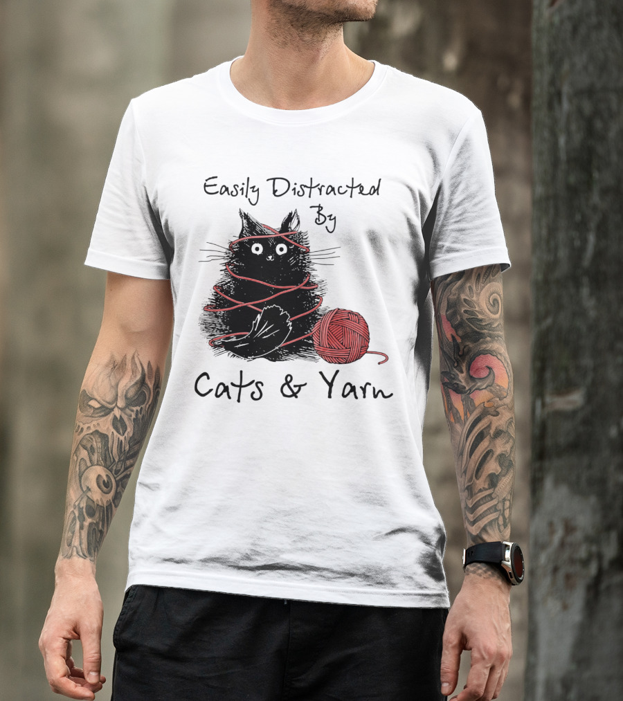 Easily Distracted By Cats And Yarn With Playful Cat Wrapped In Red Yarn T-Shirt