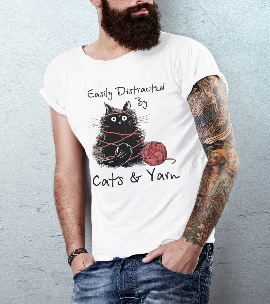 Easily Distracted By Cats And Yarn With Playful Cat Wrapped In Red Yarn T-Shirt