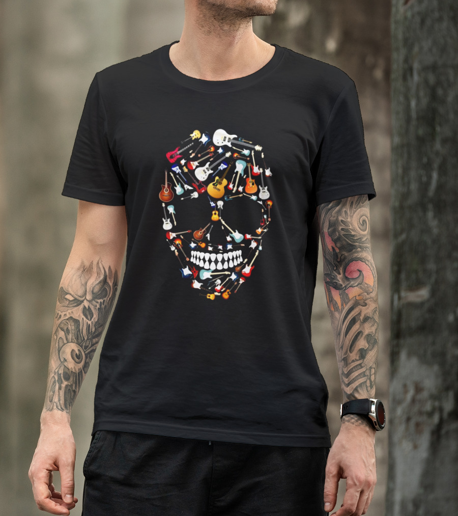 Guitar Skull Design Featuring Colorful Electric And Acoustic Instruments T-Shirt