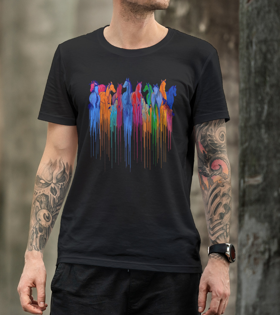Horse Watercolor Rainbow Drip Multi-Color Herd T-Shirt