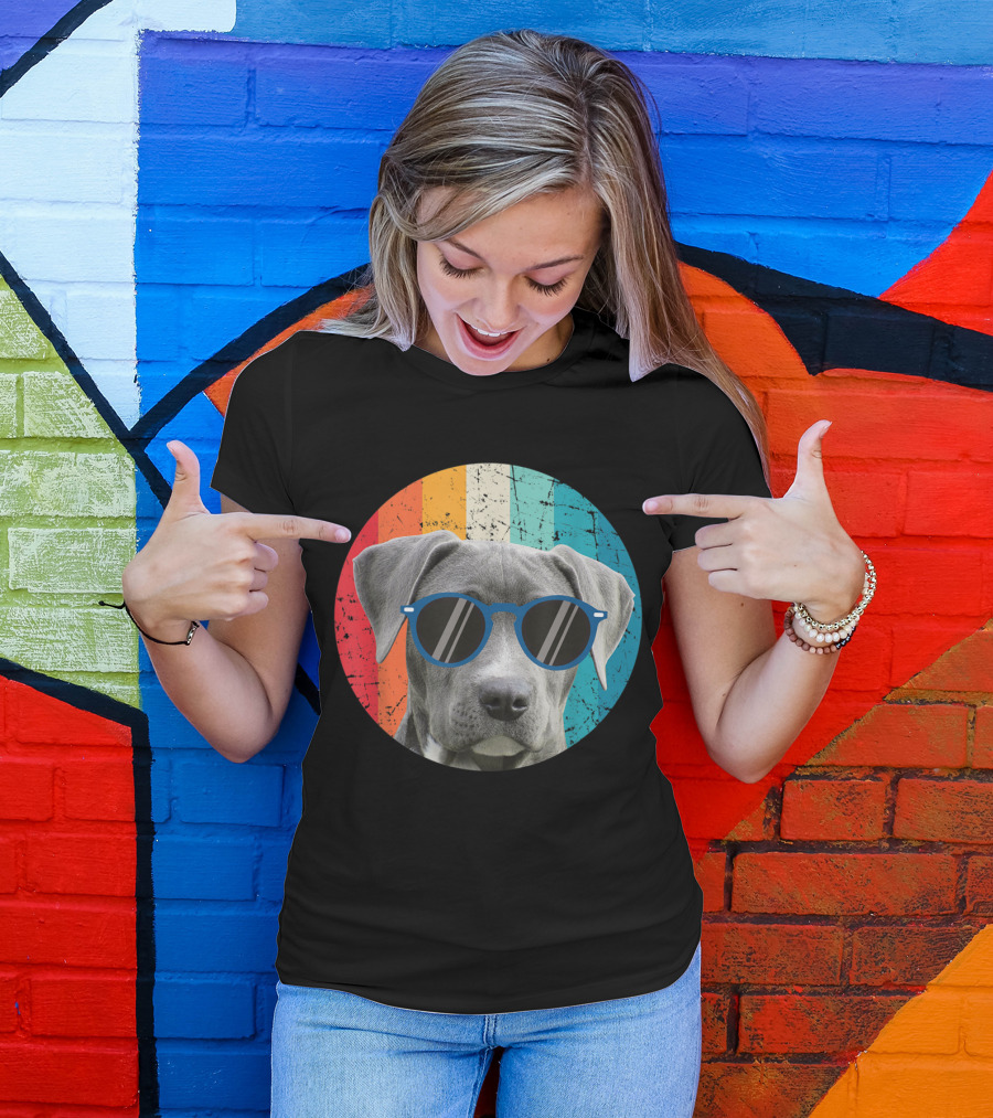 Vintage Weimaraner Dog With Sunglasses On Retro Striped Circle Background T-Shirt