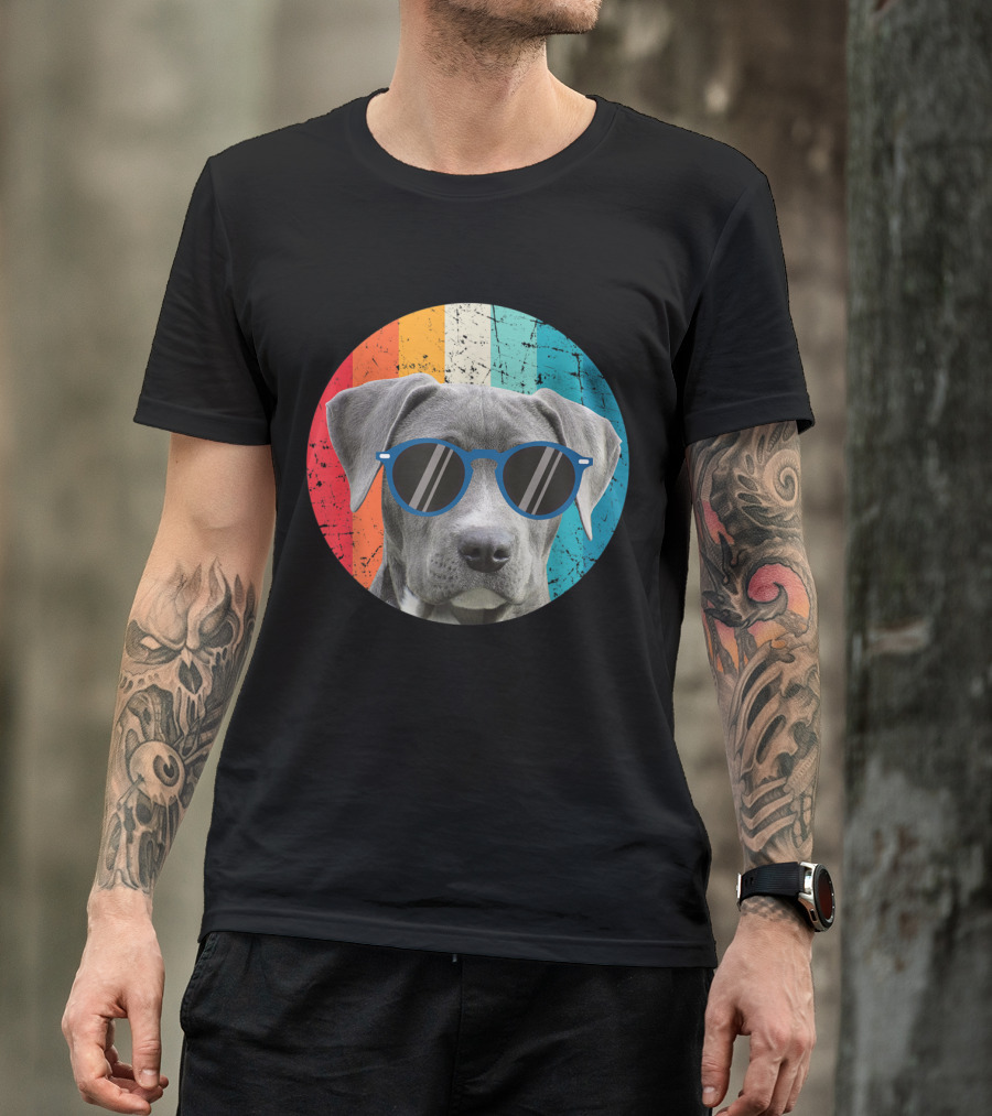 Vintage Weimaraner Dog With Sunglasses On Retro Striped Circle Background T-Shirt