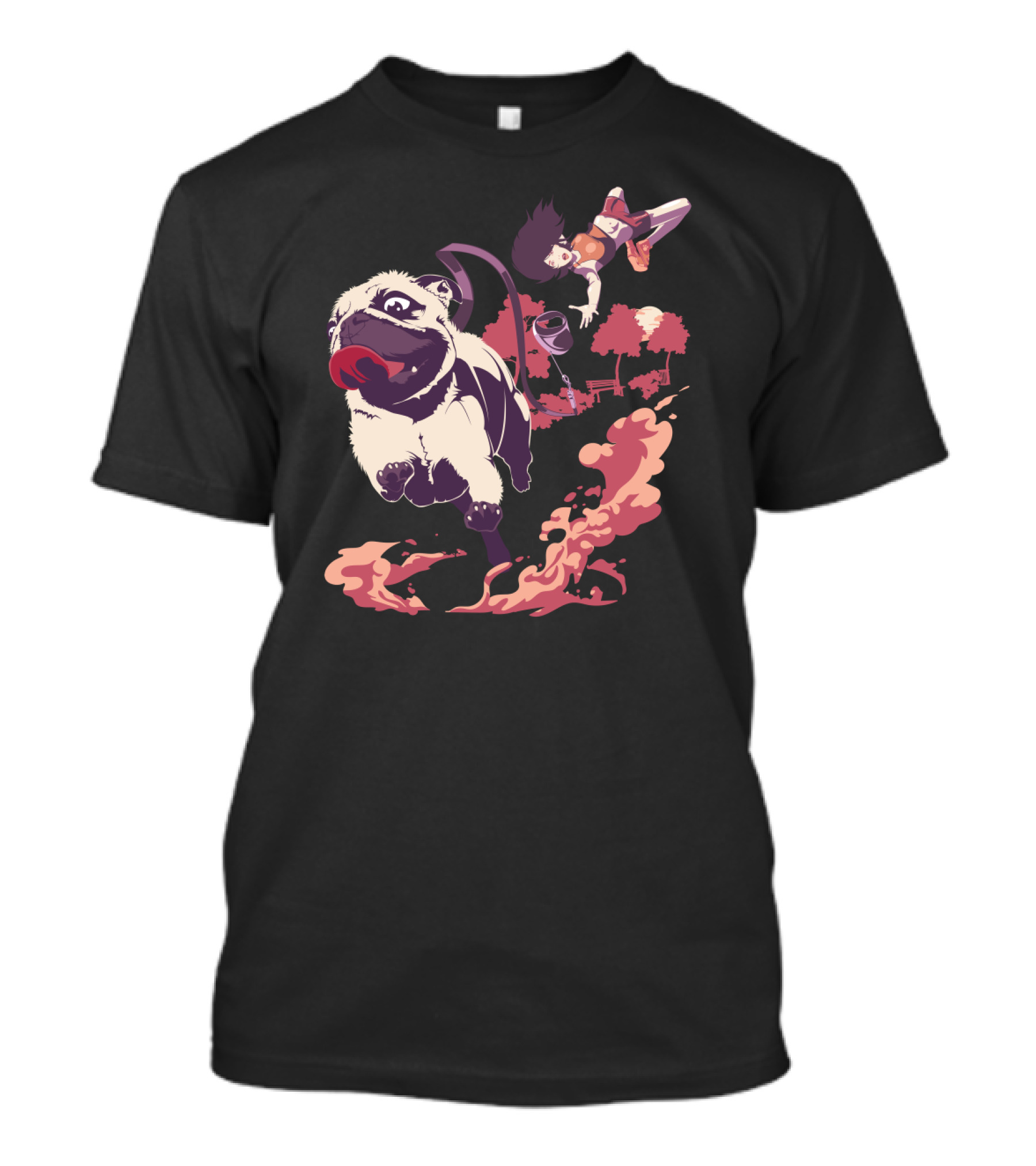 PUGTASTROPHE Park Adventure With Running Pug And Surprised Bystander T-Shirt