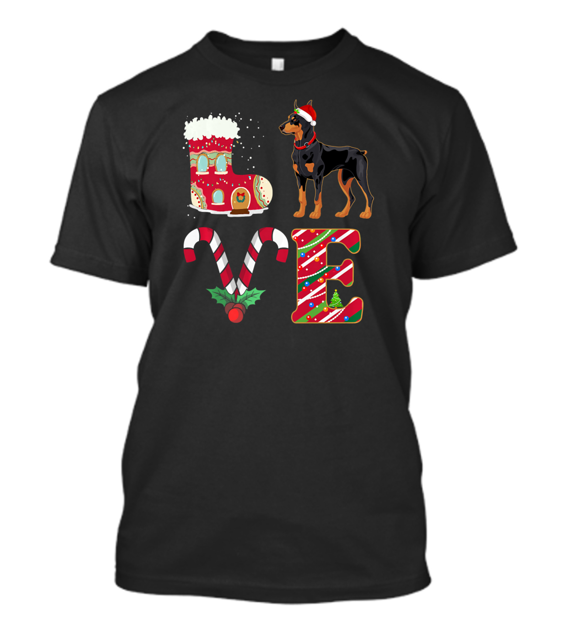 LOVE Christmas Doberman With Santa Hat And Candy Cane Decorations T-Shirt