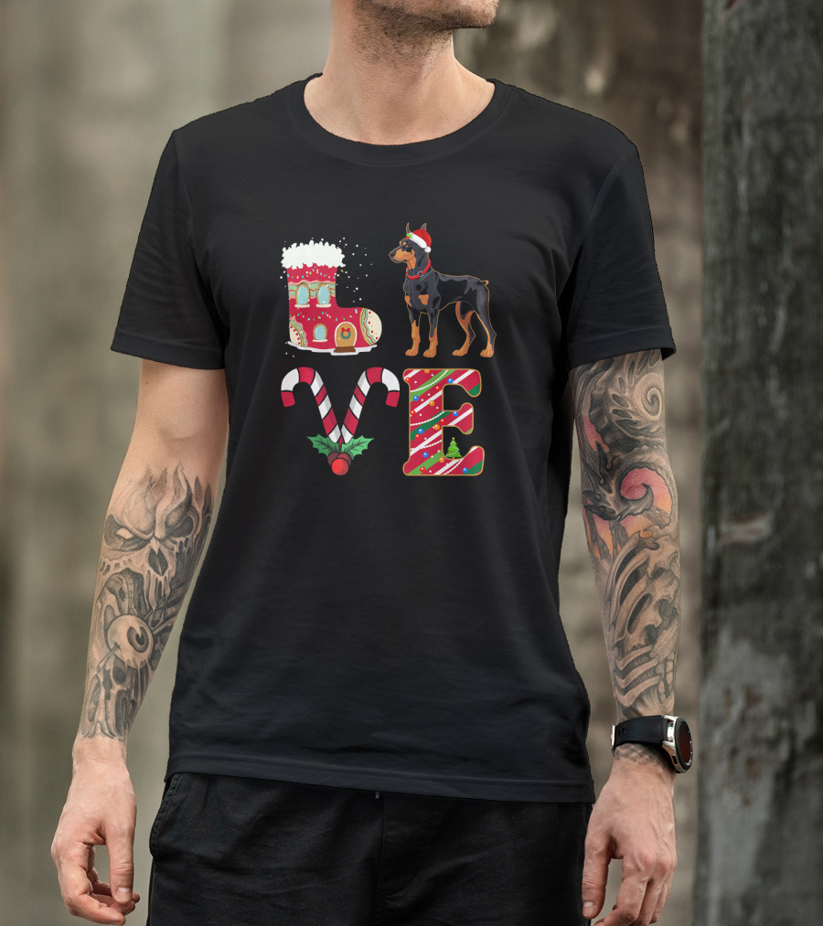 LOVE Christmas Doberman With Santa Hat And Candy Cane Decorations T-Shirt