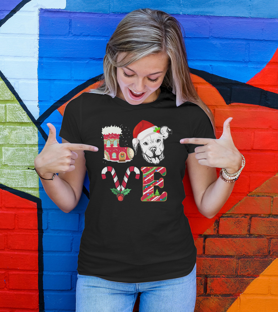 Christmas Pitbull Love Candy Cane Gingerbread Santa Hat T-Shirt