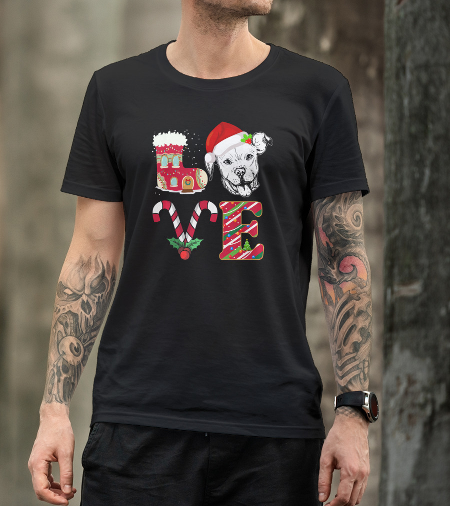 Christmas Pitbull Love Candy Cane Gingerbread Santa Hat T-Shirt