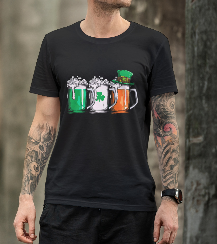 Irish Flag Beer Mugs Leprechaun Hat Shamrock T-Shirt