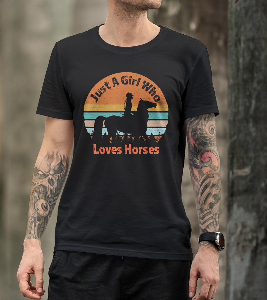 Just A Girl Who Loves Horses Riding Silhouette Retro Sunset T-Shirt
