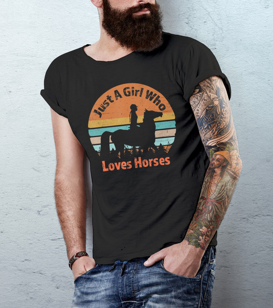 Just A Girl Who Loves Horses Riding Silhouette Retro Sunset T-Shirt