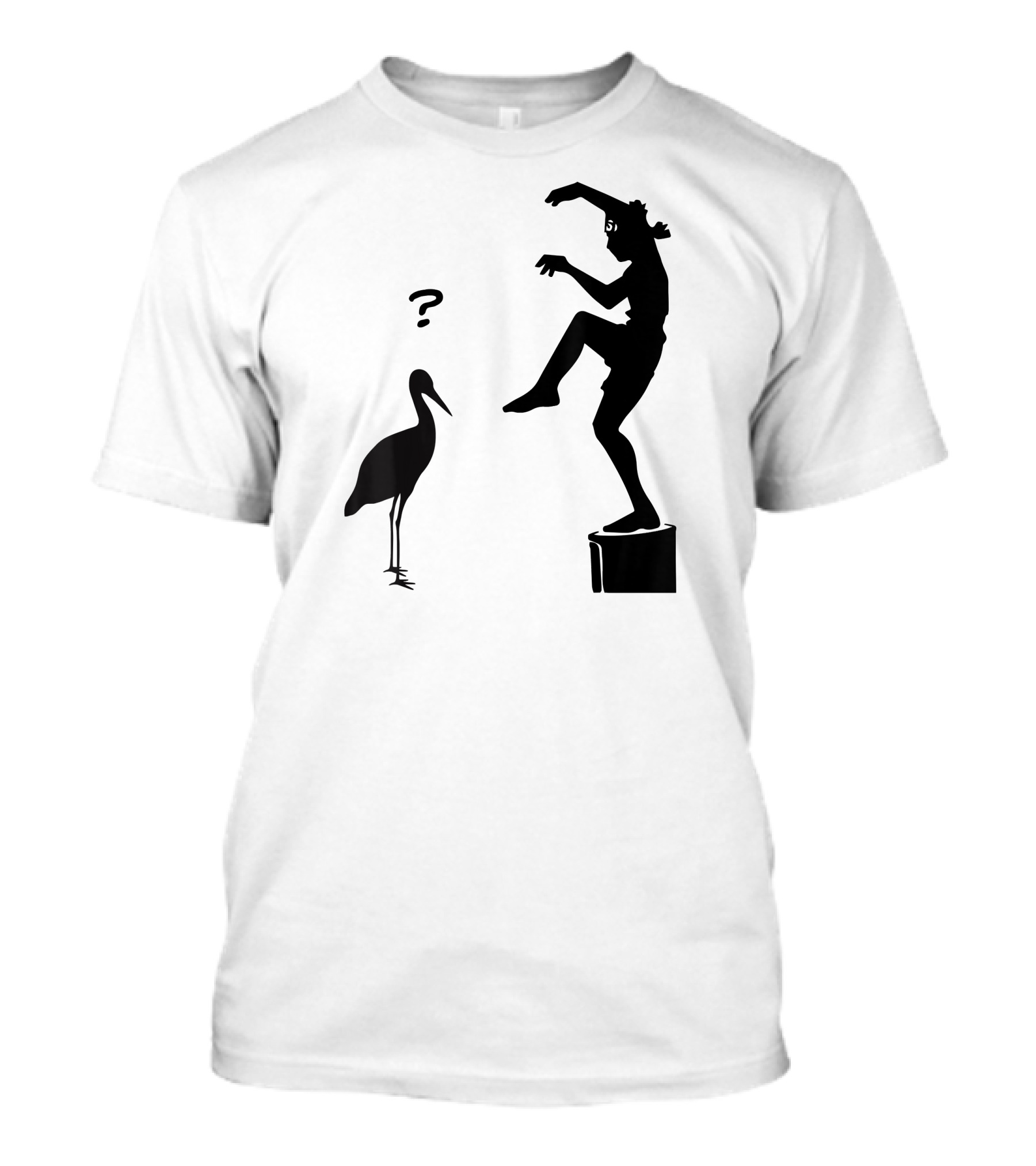 Karate Teen Crane Kick Pose On Pacific Ocean Beach With Surprised Bird T-Shirt